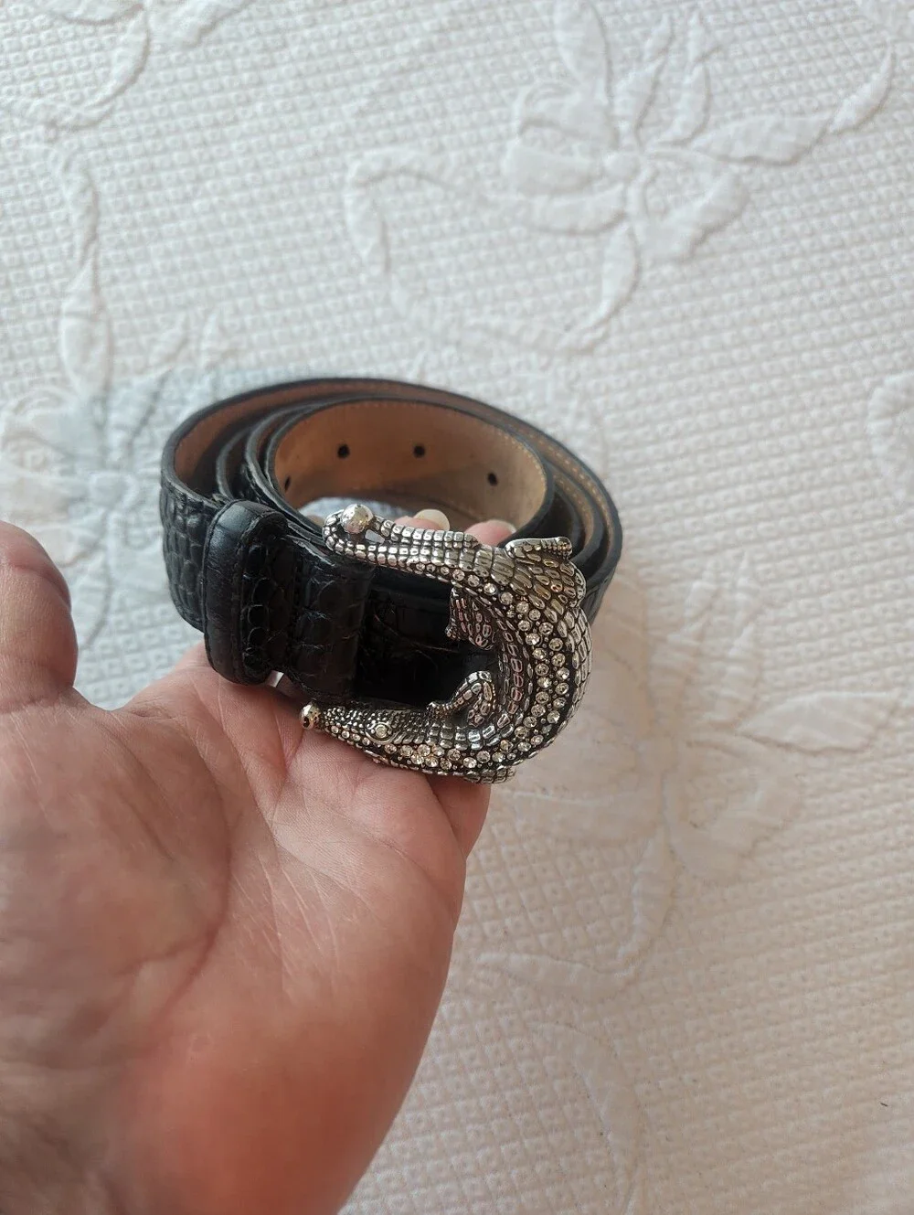 Luxury Black Croc-Textured Reptile Belt with Jeweled Buckle